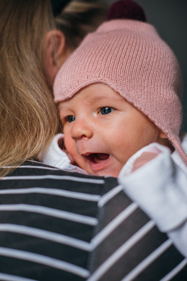 Cashmere Baby Bonnet, Coral with Damson Pom