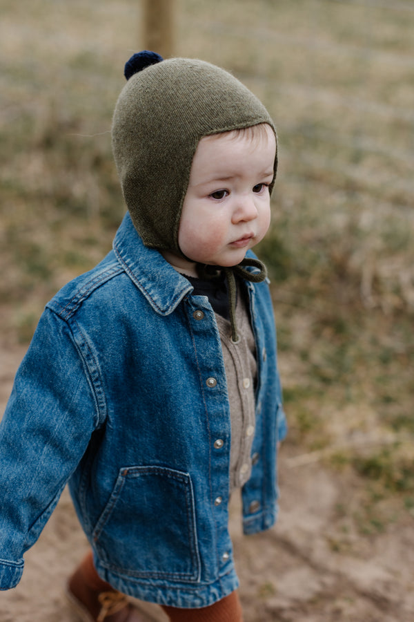 Cashmere Baby Bonnet, Moorland with Blackberry Pom