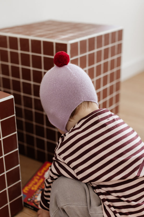 Cashmere Baby Bonnet, Lupin with Chianti Pom