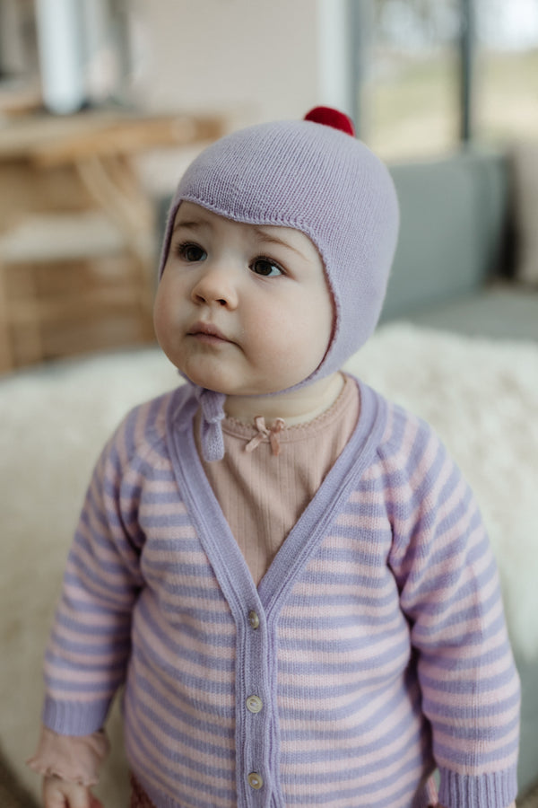 Cashmere Baby Bonnet, Lupin with Chianti Pom