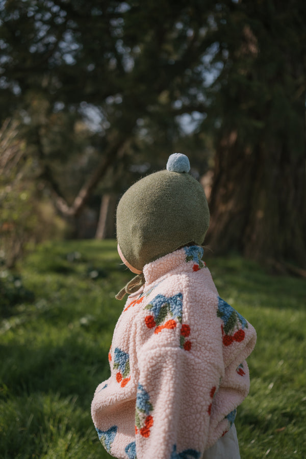 Cashmere Baby Bonnet, Ivy with Blue Mist Pom