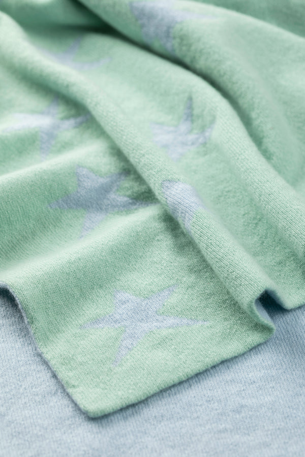 Two-Colour Star Cashmere Baby Blanket, Cool Mint + Spa Blue