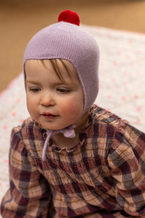Cashmere Baby Bonnet, Lupin with Chianti Pom