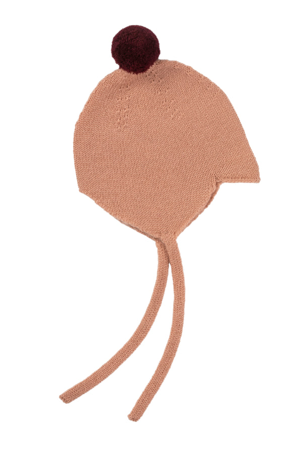 Cashmere Baby Bonnet, Coral with Damson Pom