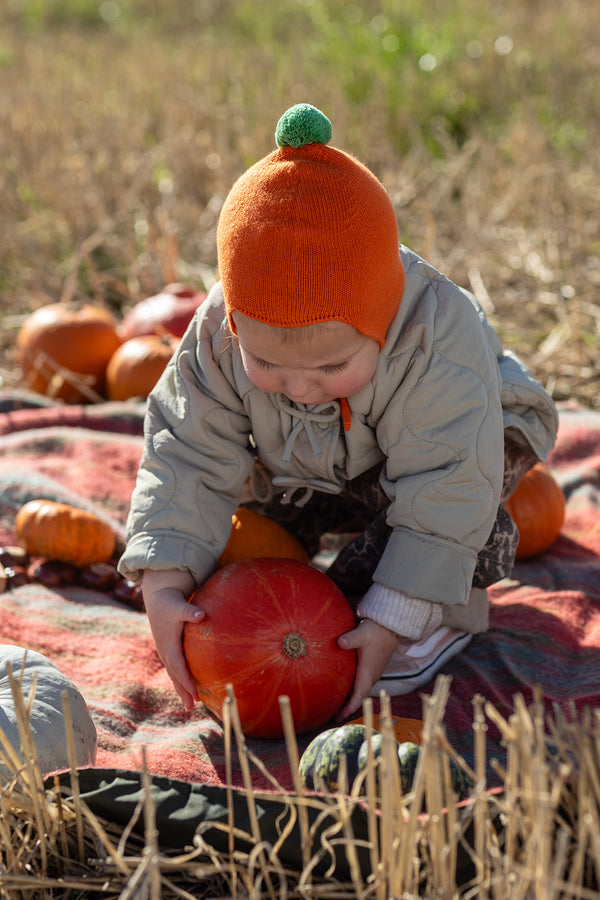Limited Edition Halloween Cashmere Baby Bonnet, Pumpkin with Fern Pom