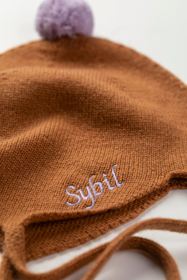 Cashmere Baby Bonnet, Toffee with Lupin Pom