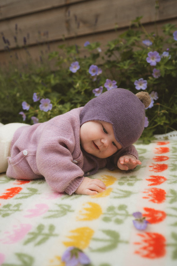 Cashmere Baby Bonnet, Purple Rain with Stoneage Pom