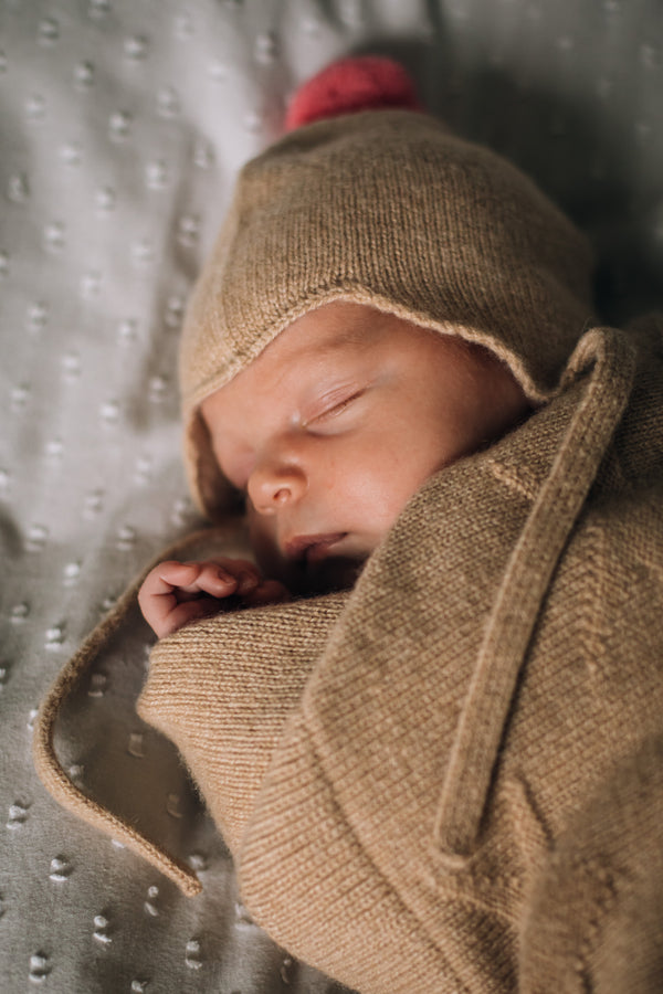 Cashmere Baby Bonnet, Camel with Blusher Pom